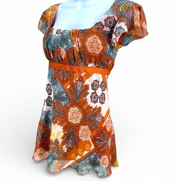Vtg Y2k Babydoll Peasant Top Size L Orange Fairy Whimsi Paisley Flutter Festival - Picture 2 of 12